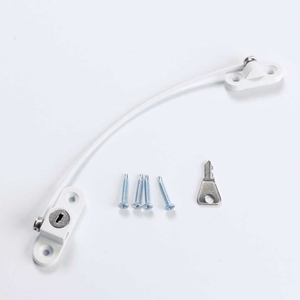 Window Security Lock with Cable and Key Window Opening Restrictor Metal Design in White Dimensions 19 x 5.8 cm Installation with Screws 1