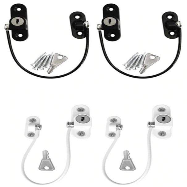 Window Security Lock with Cable Key Lockable Window Opening Limiter Metal Design Set of 4 with Accessories 6