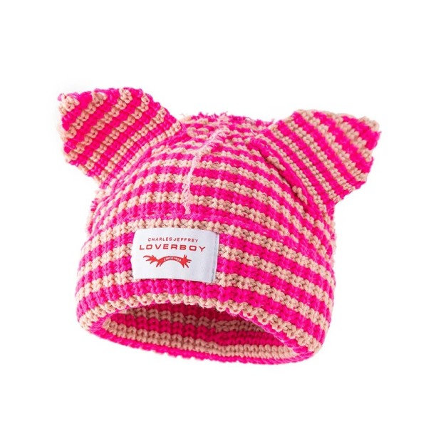 Winter gestreifte Skullies Mütze mit Katzenohren Häkel Unisex Hut 55–60 cm Warme modische Hip-Hop Mütze Kostüm gestrickter Hut Weihnachtsgeschenk rosa