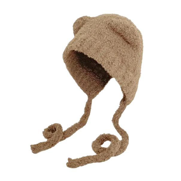 Winter Plüsch Strickmütze mit Bärenohren und Bindebändern unter dem Kinn Niedliche warme Wollmütze 56–58 cm Stil Gorros Korea Damenmütze braun