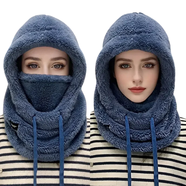 Winter Skimütze Kapuze Größe 55–60 cm Warmer flauschiger Schutz für Kopf und Hals Polyester-Mütze gegen Kälte und Wind blau