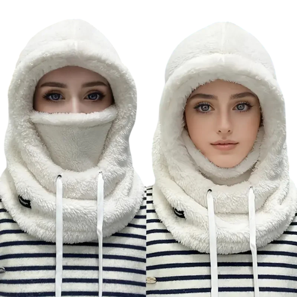 Winter Skimütze Kapuze Größe 55–60 cm Warmer flauschiger Schutz für Kopf und Hals Polyester-Mütze gegen Kälte und Wind weiß