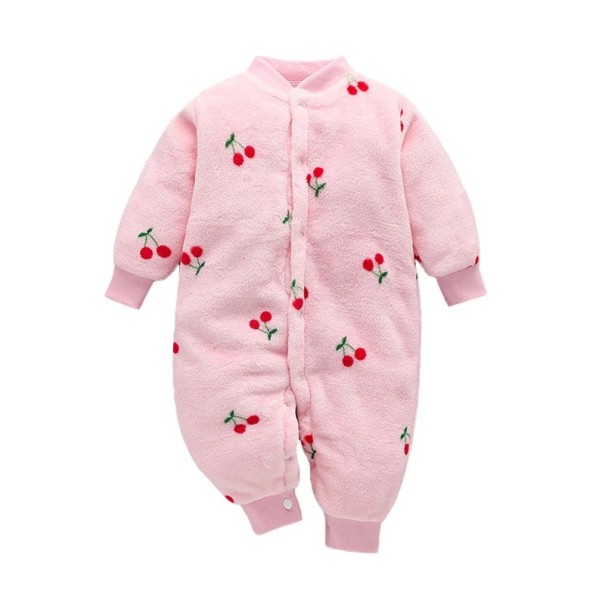 Winter- und Frühjahrsstrampler für Babys Roter Plüschflanellstrampler mit Kirschmuster Weiche Kinderbekleidung aus Polyester für Mädchen 0-3 Monate