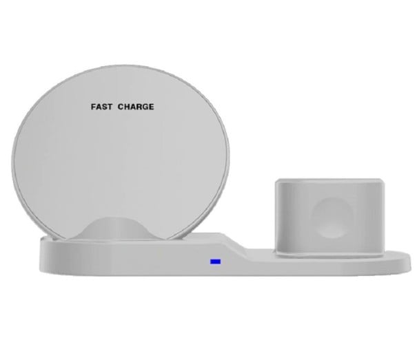 Wireless charger with stand for phone and space for AirPods and Apple Watch Total power 10 W USB-C connector Dimensions 20.5 x 9.5 cm white