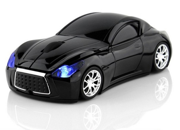Wireless Optical Mouse in the Shape of a Sports Car with LED Lights for Computer and Laptop USB Receiver 2.4 GHz Resolution 1600 DPI Range 10 m black