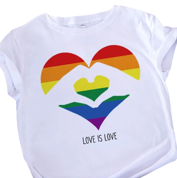 Wit dames T-shirt met regenbooghart Love is Love T-shirt met LGBT-motief Korte mouw Aangenaam katoen Comfortabel T-shirt ter ondersteuning van gelijkheid XS