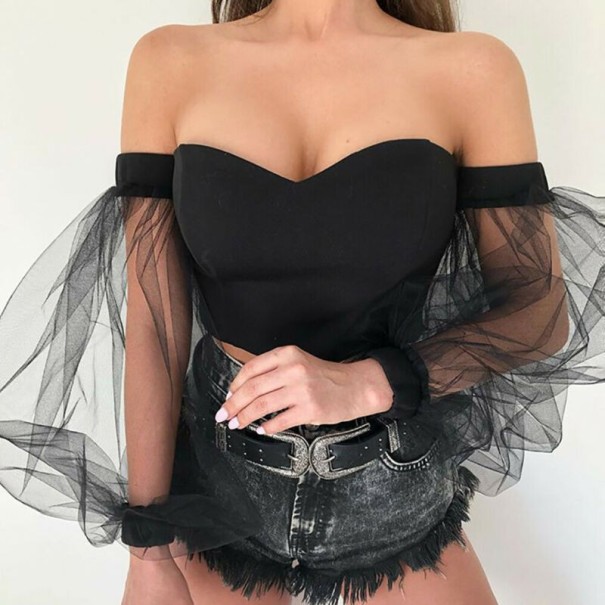 Witte crop top voor dames met doorschijnende mouwen zwart S