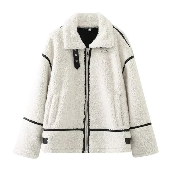 Witte dames winterjas van kunstbont Oversize jas met rits en kraag Warme herfstjas met zakken Stijlvolle pluche jas M