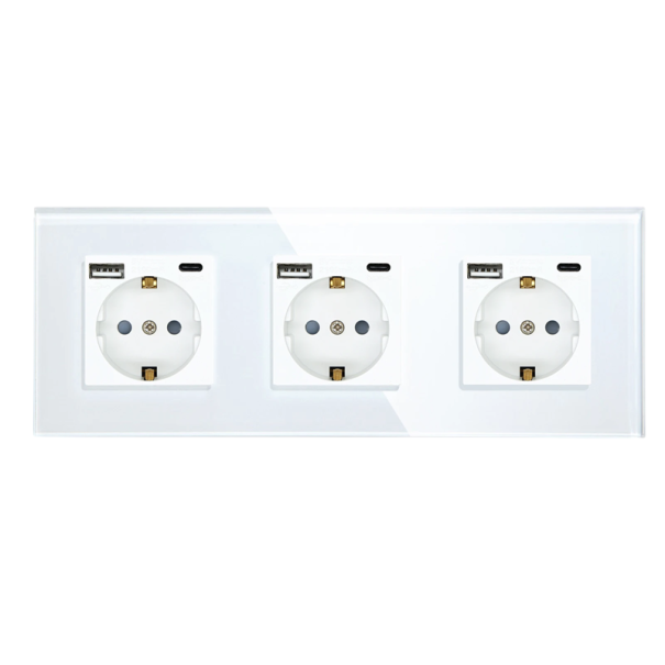 Witte drievoudige contactdoos type F met montageframe en USB- en USB-C-oplaadcontactdoospaneel in de muur Elektrische inbouwcontactdoos 1