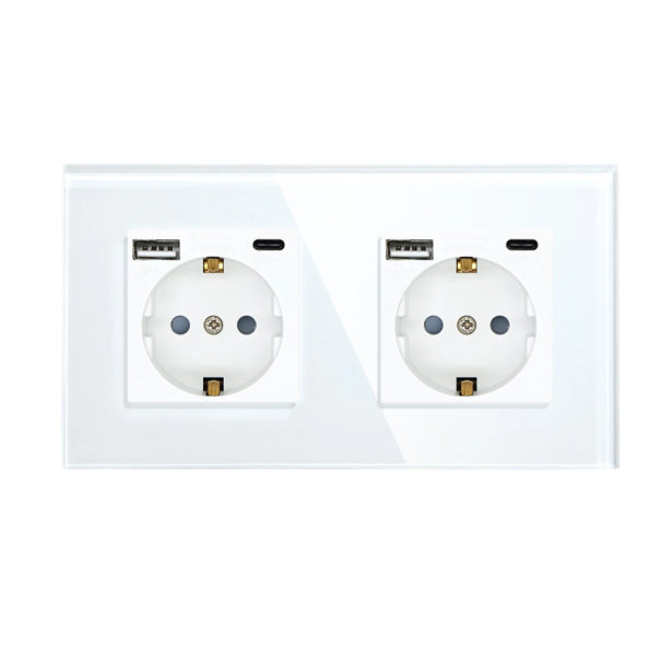 Witte dubbele contactdoos type F met USB- en USB-C-aansluiting Montageframe Apparaatoplader Stopcontactpaneel in de muur 1