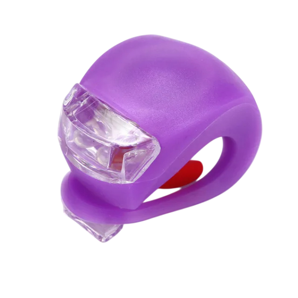 Wodoodporna silikonowa lampka rowerowa LED 3×4 cm Lampka rowerowa z 3 trybami oświetlenia Szybkie i wolne miganie Zasilanie 2 baterie AG10 fioletowy