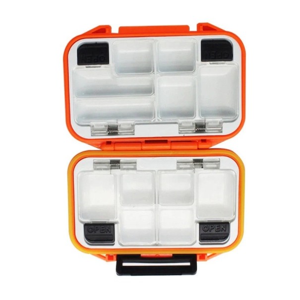 Wodoodporna skrzynka na sprzęt wędkarski z dwustronnym otwarciem 11,5 x 9 x 3,5 cm Solidny, przenośny organizer na haczyki i przynęty Trwała skrzynka do przechowywania akcesoriów wędkarskich pomarańczowy