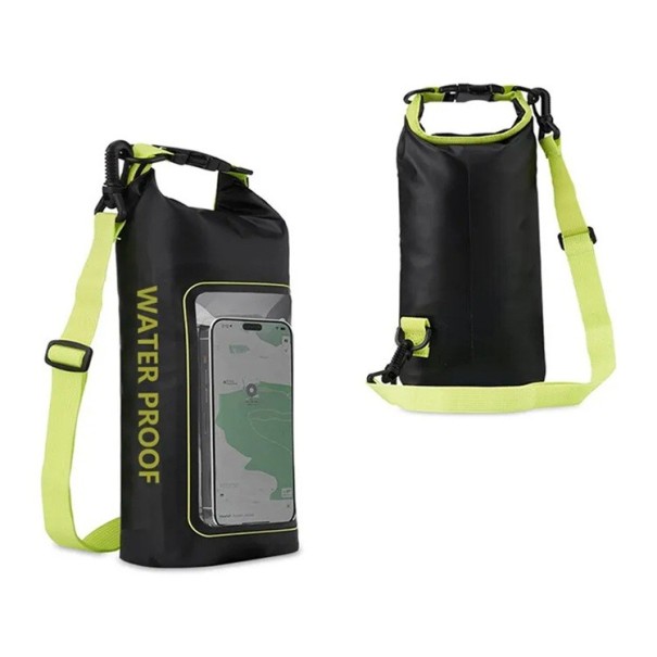 Wodoodporny plecak suchy 2l PVC 34,5×13,5×7,5 cm z ekranem dotykowym do telefonu komórkowego do pływania, kajakarstwa, raftingu, trekkingu, surfingu i sportów żeglarskich czarno-zielony