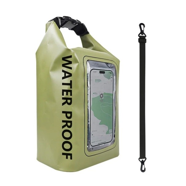 Wodoodporny plecak suchy 5l PVC 40×20×12,7 cm z kieszenią dotykową na telefon komórkowy do pływania, kajakarstwa, raftingu, trekkingu, surfingu i sportów wodnych na świeżym powietrzu zielony
