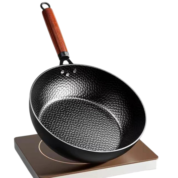 Wok pánev bez povlaku na smažení a restování o průměru 28 cm s hloubkou 7 cm a dnem 20 cm v černé barvě na plyn i sklokeramiku 1