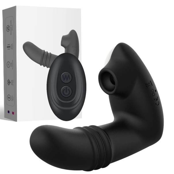 Womanizér s vibrátorem ve tvaru penisu, délka 10,7 cm, 10 vibračních režimů, silikonový, magnetické USB nabíjení, dálkové ovládání, voděodolný, diskrétní balení černá