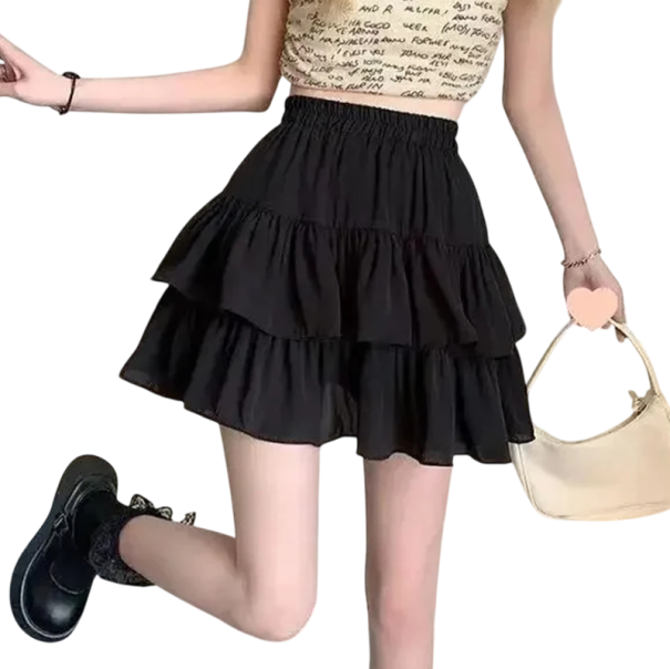 Women's A-Line Pleated Skirt with Ruffles Elegant Pleated Skirt with Elastic Waist Lightweight Summer Skirt for Everyday Wear black L