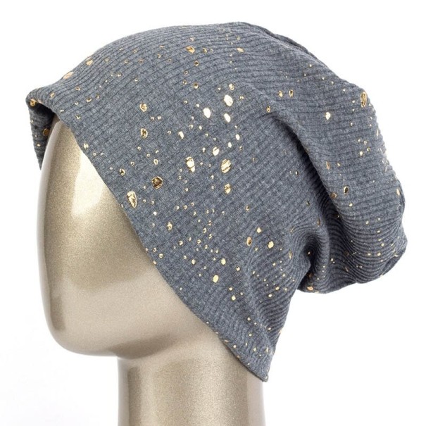 Women's beanie hat with golden drops Modern loose model made from finely ribbed fabric with a predominance of cotton Head circumference 54 to 59 grey