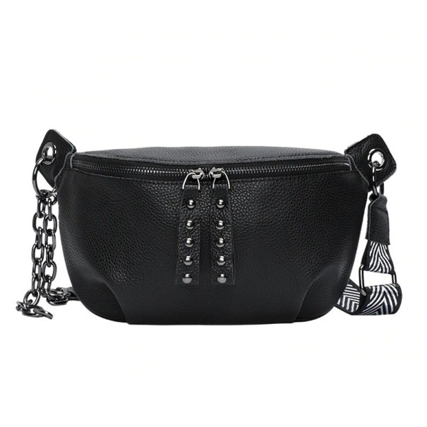 Women's black leather waist bag with metal studs Chain and wide patterned strap Rear zip pocket Grain surface 15 x 8 x 27 cm 1