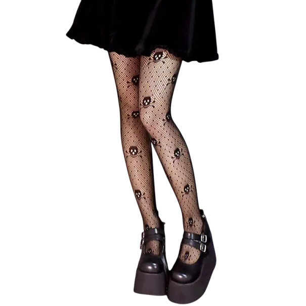 Women's Black Transparent Nylon Fishnet Tights with Dots and Skulls Sexy Tights for Halloween Gothic Style Rock Outfit 1