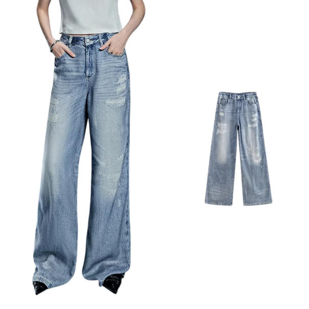 Women's Blue Jeans Plain Ripped Loose Fit Pockets Lyocell Comfortable Lightweight Trousers Modern Street Style M
