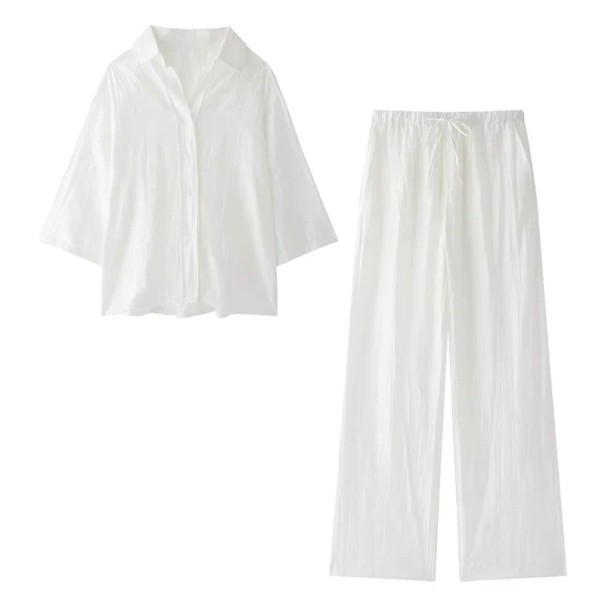 Women's Button-Up Top Set with Collar and Wide Long Trousers Three-Quarter Sleeves Drawstring at Waist Polyester Loungewear and Leisure white XS