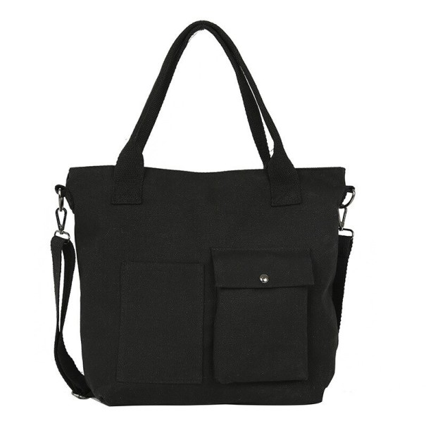 Women's Canvas and Polyester Handbag 29 x 33 x 11 cm Bag with Two Handles and Shoulder Strap Two Front Pockets, One with a Flap black