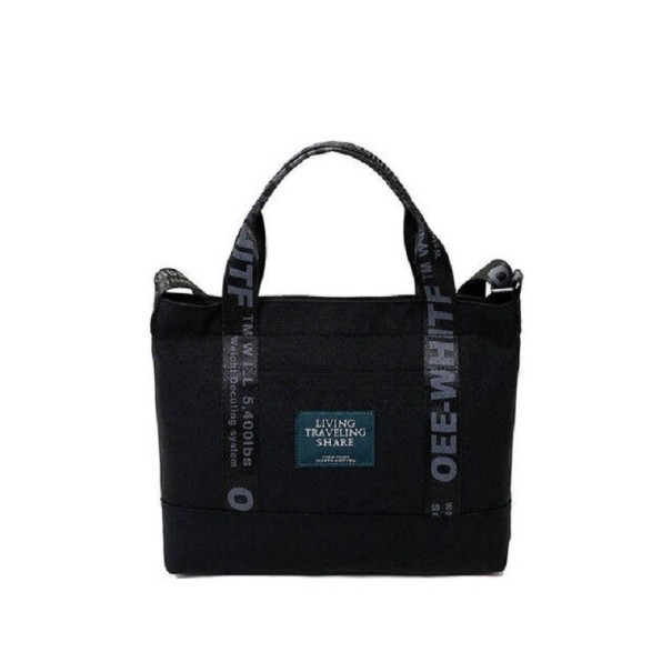 Women's Canvas Handbag 32 x 25 x 6 cm Bag with Two Handles Made of Printed Straps Patch on the Front Canvas and Polyester black