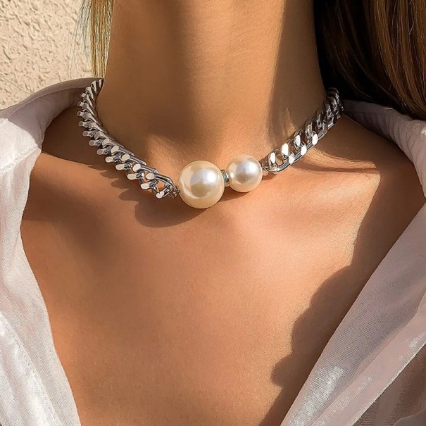 Women's Choker 35 cm + 7 cm Adjustable Length with Two Large Pearls silver