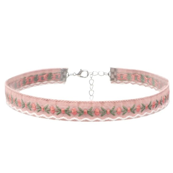 Women's Choker Necklace with Embroidered Pattern and Fastening Cotton Pink Textile Accessory for Everyday Wear 1