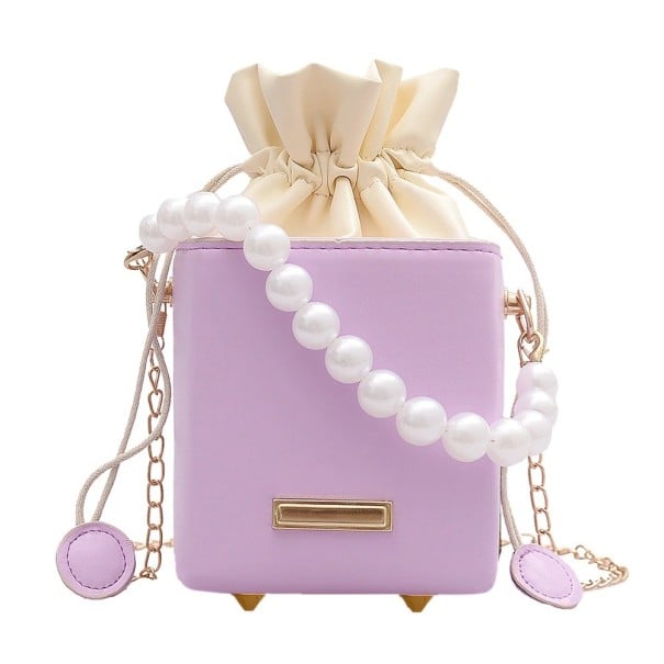 Women's Crossbody Handbag in the Shape of a Cube Made of PU Leather Drawstring Fabric Section Pearl Imitation Handle Shoulder Chain 11 x light purple