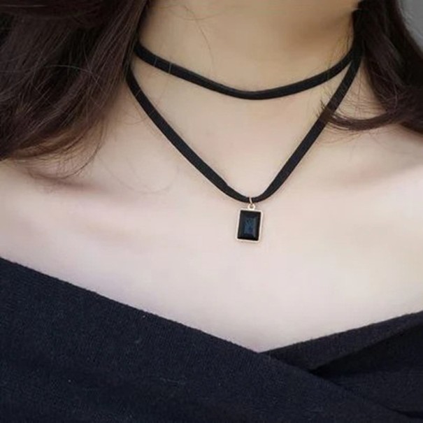 Women's Double Lace Choker with Rectangular Pendant Clasp Necklace in Black Stainless Steel and Zinc Alloy 1