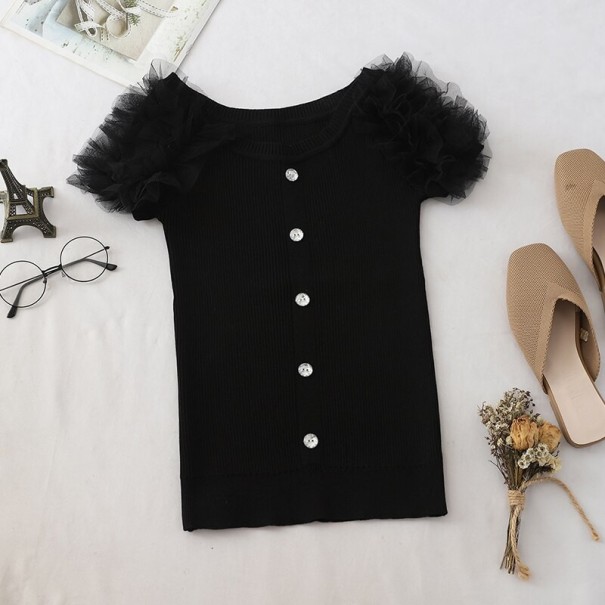 Women's Elasticated T-Shirt with Buttons black