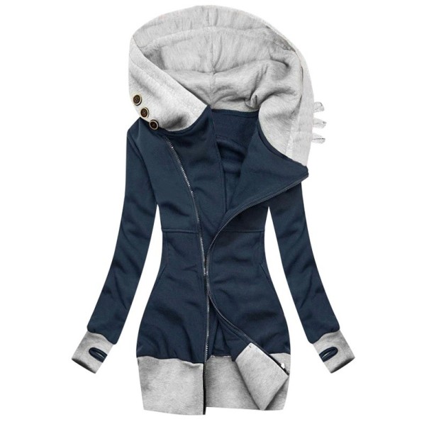Women's Extended Hoodie with Hood and Diagonal Zip Fitted Cut Contrast Trim and Cuffs with Thumb Holes Decorative Buttons dark blue L