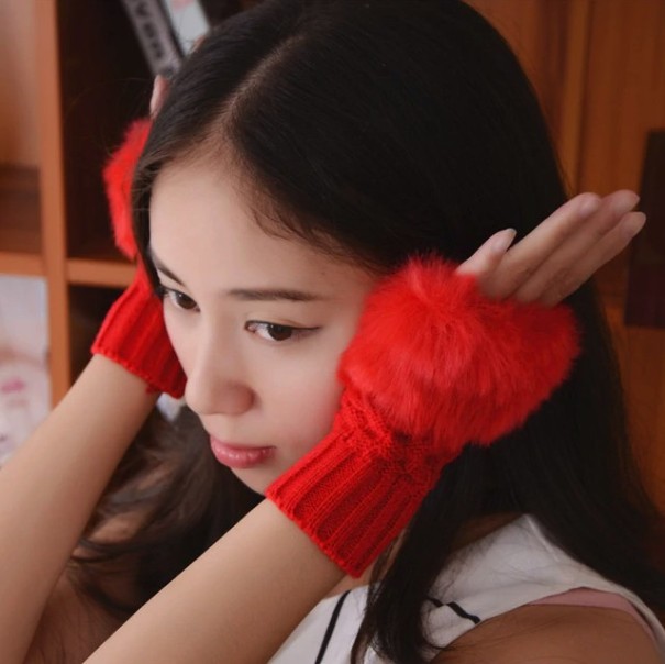 Women's Fingerless Wool Gloves J1691 red