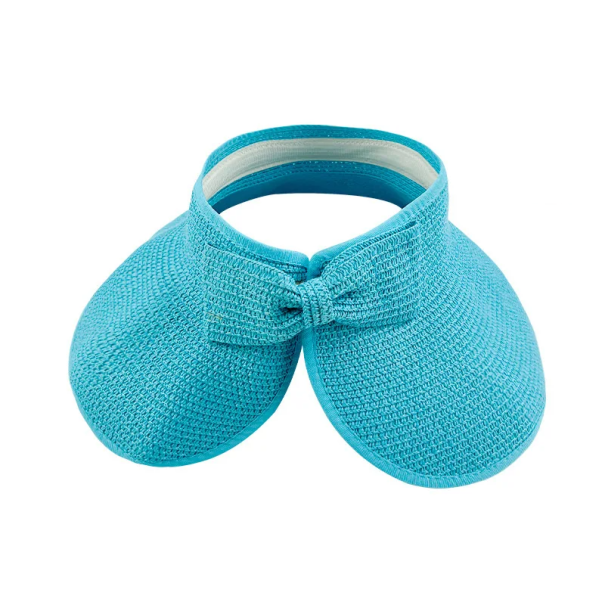 Women's Foldable Straw Summer Cap 54–58 cm Wide Brim with Bow UV Protection Beach Hat Without Top Spring Summer Adult blue