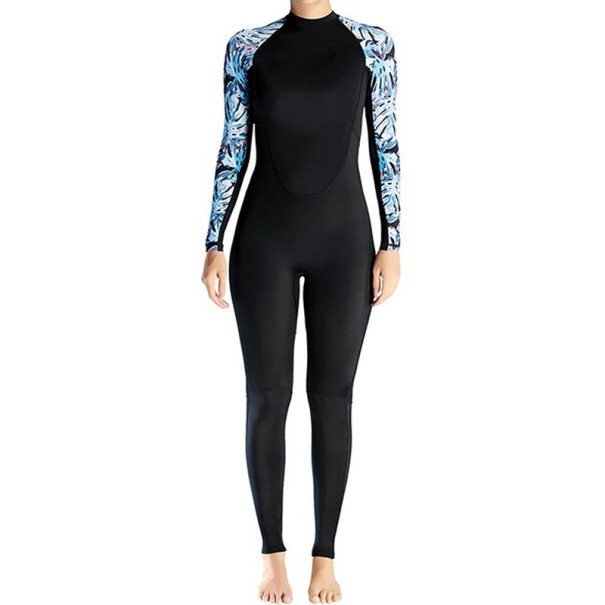 Women's full-body wetsuit 3 mm with long sleeves and a zip at the back for swimming, surfing, and diving, black with a blue leaf print S