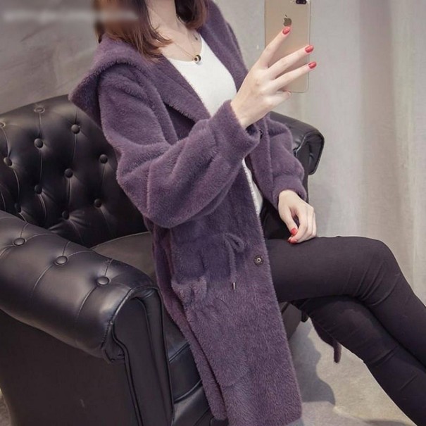 Women's Furry Hoodie Cardigan purple M
