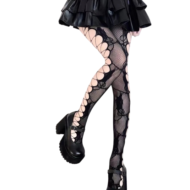 Women's High-Waisted Fishnet Tights Floral Pattern Design Sexy Nylon Tights with Openings Fashion Accessory for Dresses and Skirts black