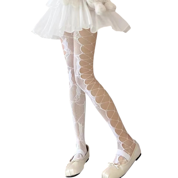 Women's High-Waisted Fishnet Tights Floral Pattern Design Sexy Nylon Tights with Openings Fashion Accessory for Dresses and Skirts white