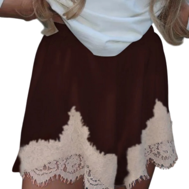 Women's High-Waisted Loose Fit Plain Lace Cotton Polyester Comfortable Summer Shorts with Lace Decoration brown S