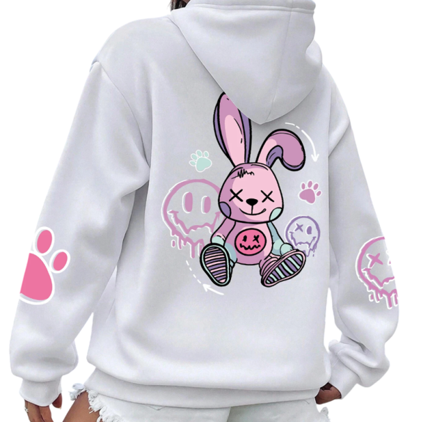 Women's Hoodie with Pockets Solid Colour Hoodie with Rabbit Pattern on the Back Soft Polyester Comfortable Casual Style in Various white M