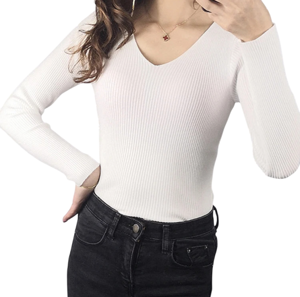 Women's Knitted Cotton and Acrylic Sweater with V-Neck Solid Colour Elegant Sweater with Long Sleeves Universal Size for Everyday Wear white