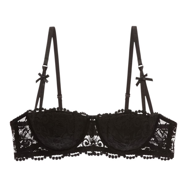 Women's Lace Balcony Bra with Push-Up Effect and Split Straps with Bows in Floral Pattern and Wavy Edge black 70A