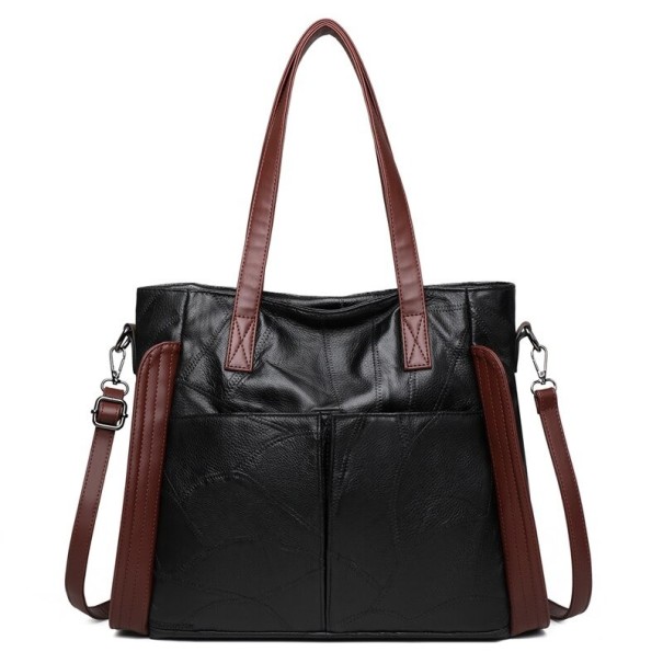 Women's Large Shoulder Bag Black with Brown Handles and Sides Two Front Pockets Back Zip Pocket Long Strap 30 x 13 x 38 cm 1