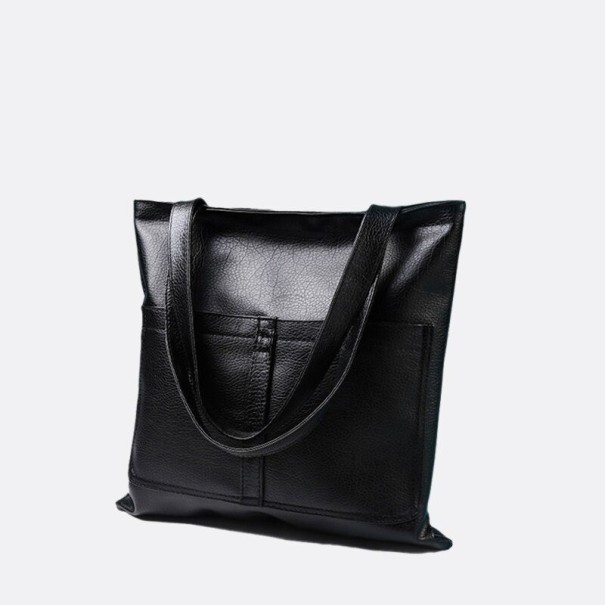 Women's Large Shoulder Bag Made of Artificial Leather Black Shopper Bag with Long Handles Two Front Pockets Square Shape 35 x 35 cm 1
