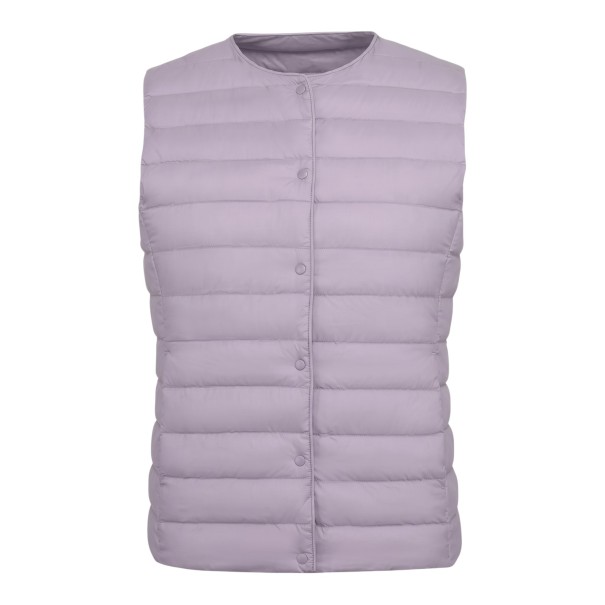 Women's Lightweight Down Gilet for Autumn with Full-Length Snap Fastening, Horizontal Stitching and Round Neckline without Collar purple XL