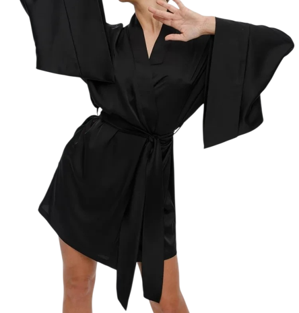Women's Lightweight Robe Made of Polyester and Silk with Waist Tie Elegant Home Robe for Women Soft Shiny Material black S