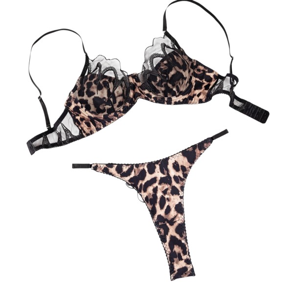 Women's Lingerie Set with Leopard Print and Black Embroidery, Underwired Bra with Mesh Details and Thong with Adjustable Straps M