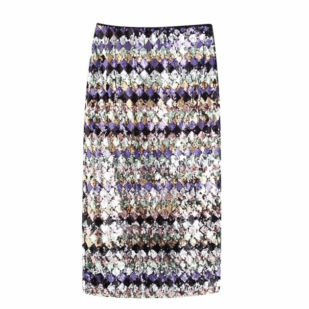 Women's Long Sequin Pencil Skirt Multicoloured Diamond Pattern in Stripes Slim Straight Fit Below Knee Length Made of Polyester M